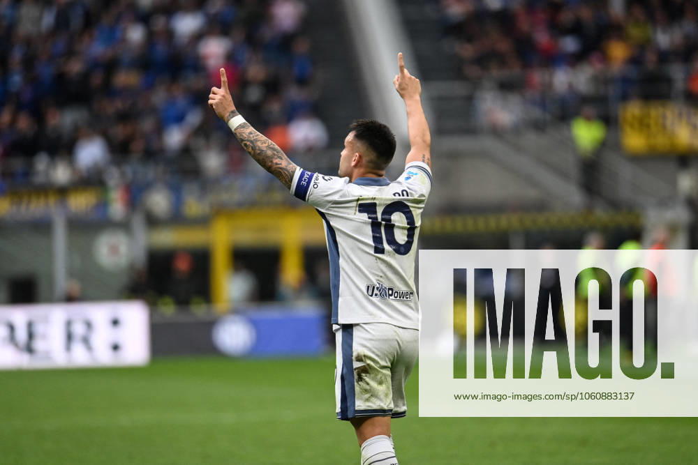 CALCIO - Serie A - Inter - FC Internazionale vs Cagliari Calcio Lautaro Martinez (Inter) celebrating his goal during Inter - FC Internazionale vs Cagliari Calcio, Italian soccer Serie A match in Milan, Italy, April 12 2025 Milan Italy