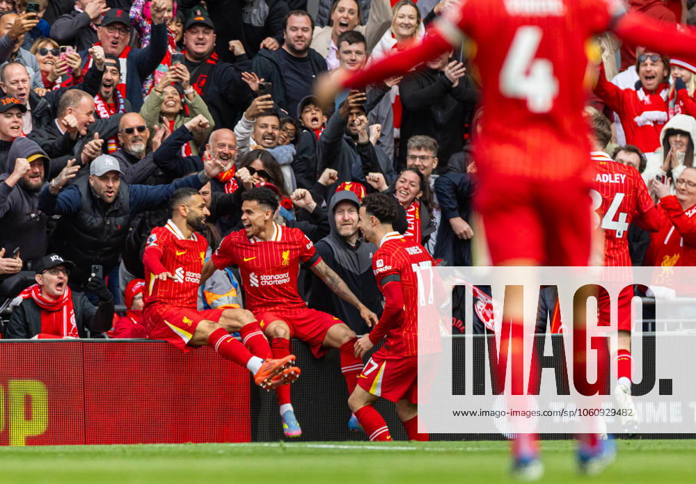 Football - FA Premier League - Liverpool FC v West Ham United FC LIVERPOOL, ENGLAND - Sunday, April 13, 2025: Liverpool s Luis Diaz (C) celebrates with team-mates Mohamed Salah (L) and Curtis Jones (R) after scoring the first goal during the FA Premier League match between Liverpool FC and West Ham United FC at Anfield. (Photo by David Rawcliffe Propaganda) LIVERPOOL Anfield MERSEYSIDE ENGLAND