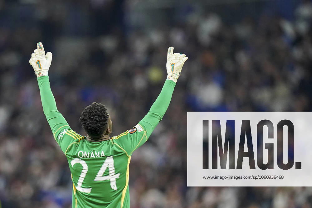 Olympique Lyonnais v Manchester United, ManU FC Manchester United goalkeeper Andre Onana (24) celebrates during the Olympique Lyonnais v Manchester United FC UEFA Europa League Quarter-Final 1st leg match at the OL Stadium, Lyon, France on 10 April 2025 Credit: Eleanor Hoad Every Second Media Editorial use only. All images are copyright Every Second Media Limited. No images may be reproduced without prior permission.