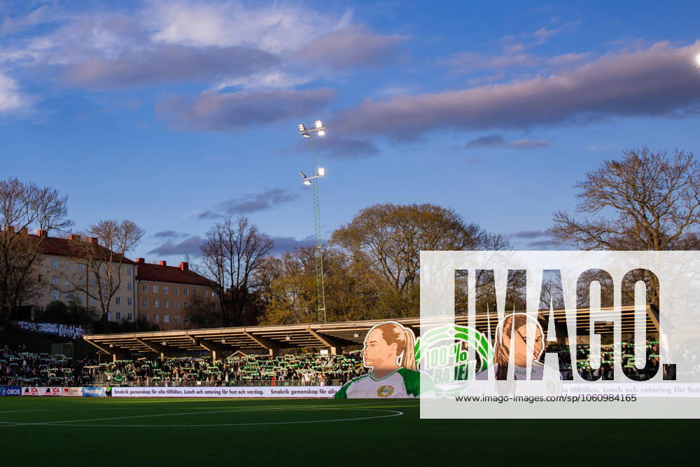 Hammarby supporters with tifo before the football match in Damallsvenskan between Hammarby and Rosengard on April 14, 2025 in Stockholm