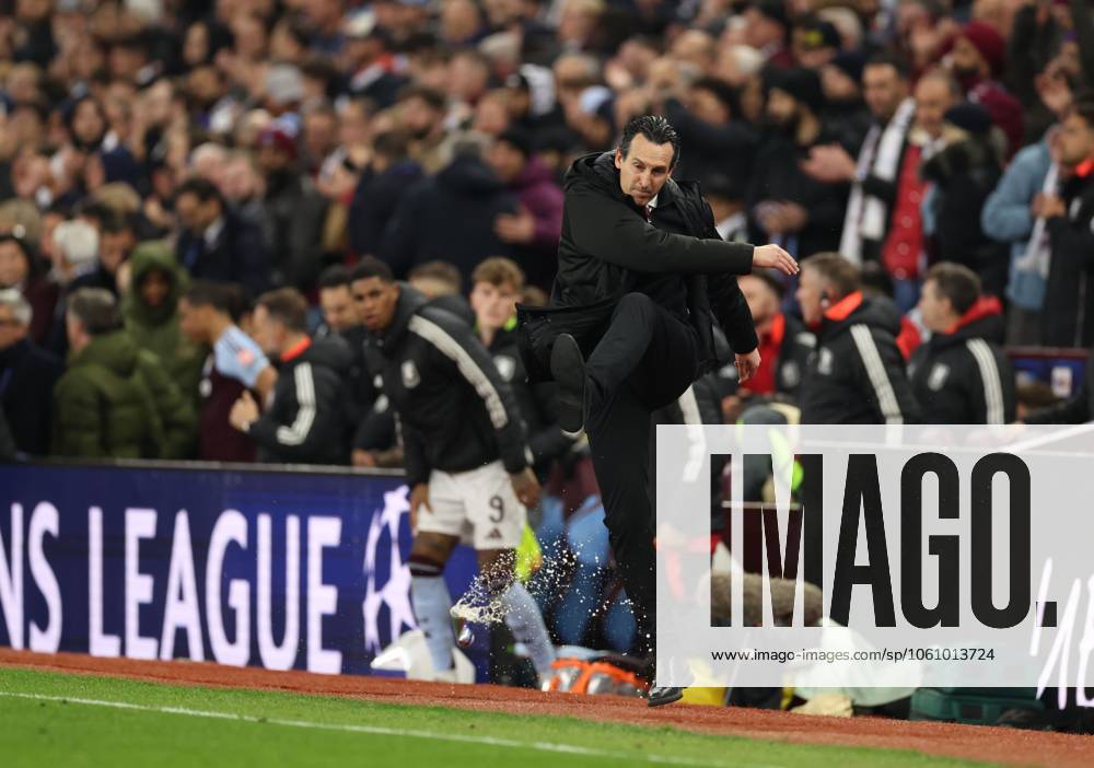 Unai Emery Manager of Aston Villa kicks a water bottle. Aston Villa v Paris Saint-Germain, UEFA Champions League, Quarter-Finals, 2nd Leg, Football, Villa Park, Birmingham, UK - 15 Apr 2025