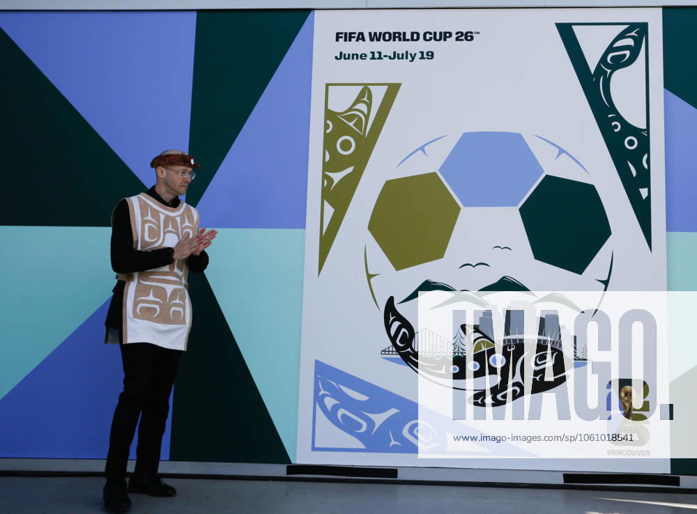 (250416) -- VANCOUVER, April 16, 2025 -- The designer for the 2026 FIFA World Cup, WM, Weltmeisterschaft, Fussball official host city, artist Jamin Zuroski, attends a press conference, PK, Pressekonferenz at BC Place in Vancouver, British Columbia, Canada, April 15, 2025. Vancouver unveiled the official host city poster for the 2026 FIFA World Cup on Tuesday, showcasing the integration of local characteristics with the spirit of the tournament. The 2026 FIFA World Cup will be jointly hosted by Canada, Mexico and the United States. As one of Canada s host cities, Vancouver is set to stage seven matches during the event. (Photo by Xinhua) (SP)CANADA-VANCOUVER-FOOTBALL-FIFA WORLD CUP-POSTER LiangxSen