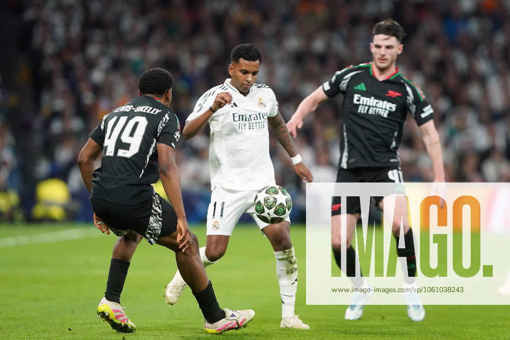 REAL MADRID CF v ARSENAL FC. CHAMPIONS LEAGUE 2024 2025. ROUND OF 8. 2ND LEG MATCH. Real Madrid CF s Rodrygo Goes (c) and Arsenal FC s Myles Lewis-Skelly (l) and Declan Rice during Champions League 2024 2025 Round of 8 2nd leg match. April 16,2025. (ALTERPHOTOS Acero) MadridSpain