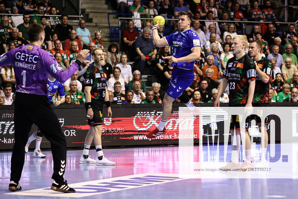 Gianfranco Pribetic TVB 1898 Stuttgart,9 against goalkeeper Sergey Hernandez Ferrer SC Magdeburg,1 Handball Bundesliga Season 2024 2025 SC Magdeburg vs TVB Stuttgart at the GETEC Arena in Magdeburg Action,Handball,Germany