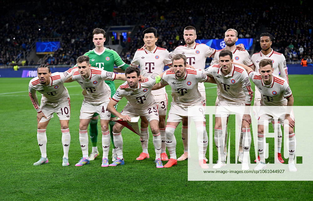FOOTBALL CHAMPIONS LEAGUE SEASON 2024 2025 Quarter-final second leg Inter Milan FC Bayern Muenchen 16 04 2025 Team photo FC Bayern Muenchen, from left top, goalkeeper Jonas Urbig, Min Jae Kim, Eric Dier, Konrad Laimer, Michael Olise from left, bottom, Leroy Sane , Josip Stanisic, Thomas Mueller , Harry Kane, Leon Goretzka, Joshua Kimmich