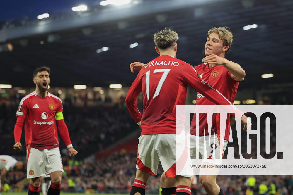 Manchester United, ManU v Olympique Lyonnais Europa League 17 04 2025. Quarter Final leg 2 of 2 Rasmus Hojlund (9) and Alejandro Garnacho (17) of Manchester United celebrate the opening goal scored by Manuel Ugarte (25) of Manchester United during the Europa League quarter final second leg match between Manchester United and Olympique Lyonnais at Old Trafford, Manchester, England on 17 April 2025. Manchester Old Trafford Greater Manchester England Editorial use only ,
