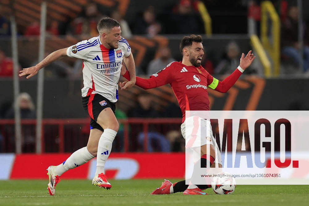 Manchester United, ManU v Olympique Lyonnais Europa League 17 04 2025. Quarter Final leg 2 of 2 Bruno Fernandes (8) of Manchester United is held back bu Jordan Veretout (7) of Olympique Lyonnais during the Europa League quarter final second leg match between Manchester United and Olympique Lyonnais at Old Trafford, Manchester, England on 17 April 2025. Manchester Old Trafford Greater Manchester England Editorial use only ,