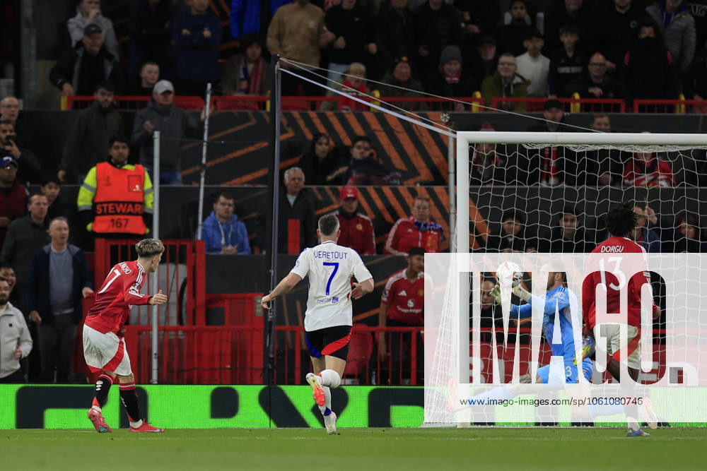 Manchester United, ManU v Olympique Lyonnais Europa League 17 04 2025. Quarter Final leg 2 of 2 Alejandro Garnacho (17) of Manchester United sees his shot saved by Thiago Almada (23) of Olympique Lyonnais during the Europa League quarter final second leg match between Manchester United and Olympique Lyonnais at Old Trafford, Manchester, England on 17 April 2025. Manchester Old Trafford Greater Manchester England Editorial use only ,