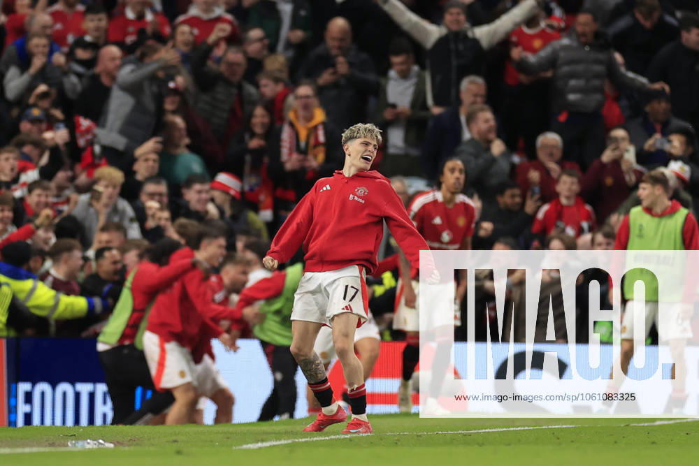 Manchester United, ManU v Olympique Lyonnais Europa League 17 04 2025. Quarter Final leg 2 of 2 Alejandro Garnacho (17) of Manchester United runs on to celebrate the winning goal during the Europa League quarter final second leg match between Manchester United and Olympique Lyonnais at Old Trafford, Manchester, England on 17 April 2025. Manchester Old Trafford Greater Manchester England Editorial use only ,