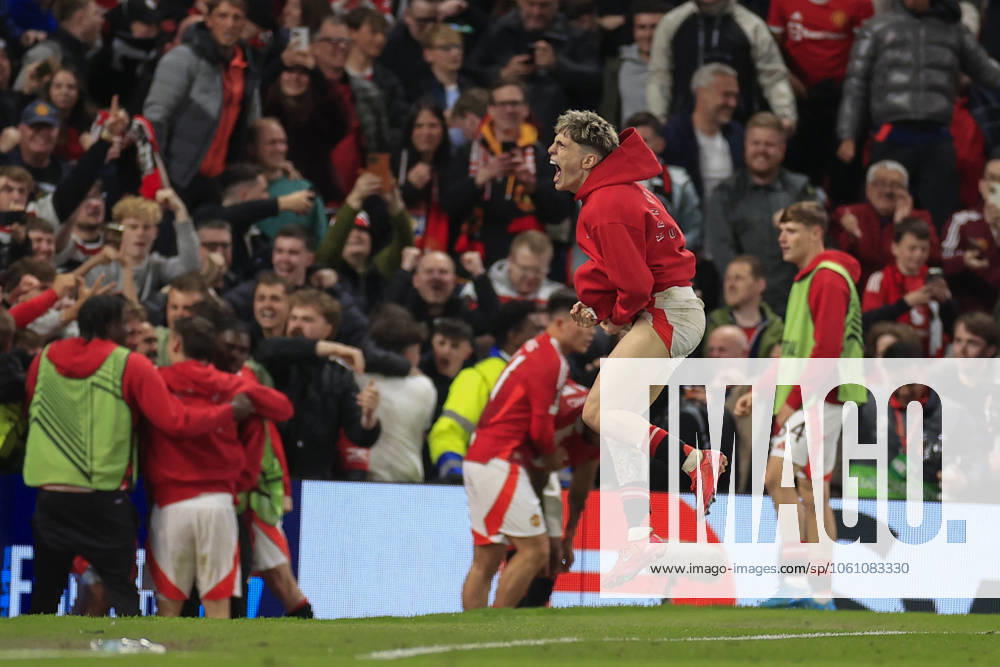 Manchester United, ManU v Olympique Lyonnais Europa League 17 04 2025. Quarter Final leg 2 of 2 Alejandro Garnacho (17) of Manchester United runs on to celebrate the winning goal during the Europa League quarter final second leg match between Manchester United and Olympique Lyonnais at Old Trafford, Manchester, England on 17 April 2025. Manchester Old Trafford Greater Manchester England Editorial use only ,