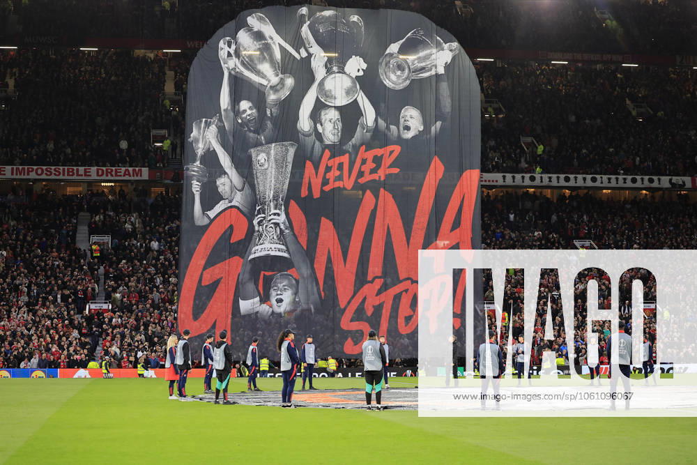 Manchester United, ManU v Olympique Lyonnais Europa League 17 04 2025. Quarter Final leg 2 of 2 United unveil a huge tifo before the Europa League quarter final second leg match between Manchester United and Olympique Lyonnais at Old Trafford, Manchester, England on 17 April 2025. Manchester Old Trafford Greater Manchester England Editorial use only ,