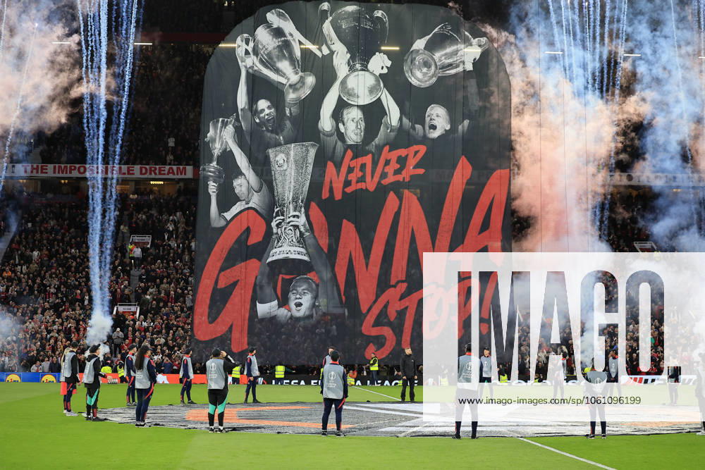 Manchester United, ManU v Olympique Lyonnais Europa League 17 04 2025. Quarter Final leg 2 of 2 United unveil a huge tifo amid a firework display before the Europa League quarter final second leg match between Manchester United and Olympique Lyonnais at Old Trafford, Manchester, England on 17 April 2025. Manchester Old Trafford Greater Manchester England Editorial use only ,