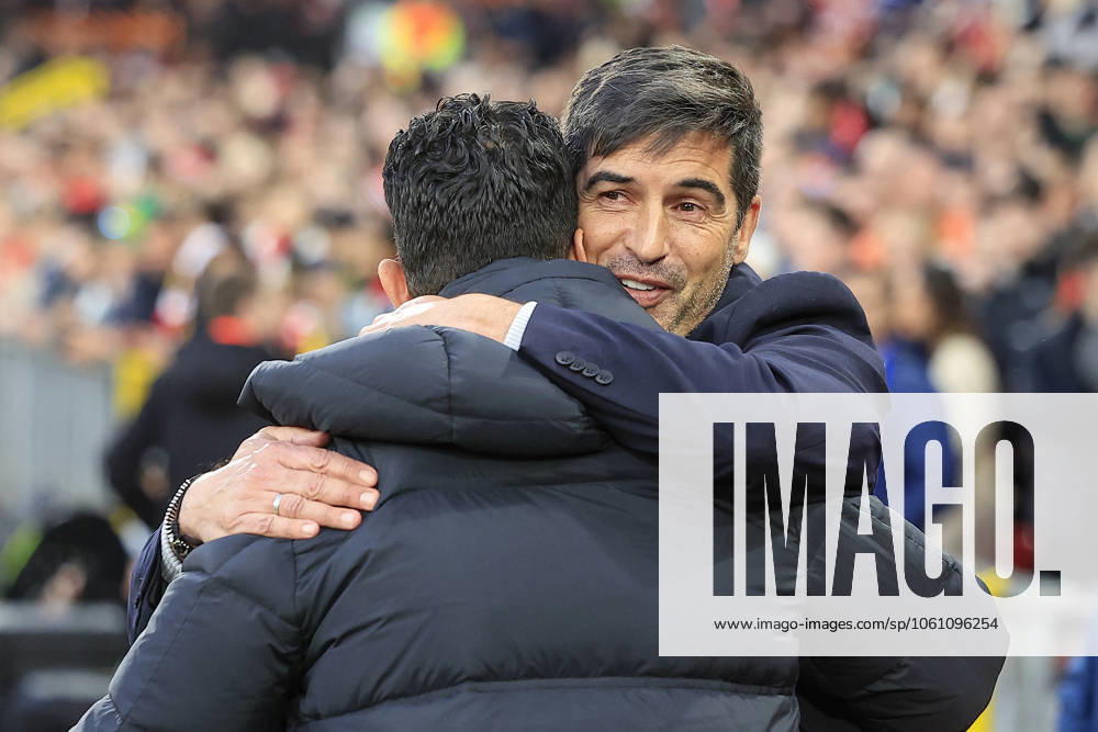 Manchester United, ManU v Olympique Lyonnais Europa League 17 04 2025. Quarter Final leg 2 of 2 Paulo Fonseca the Olympique Lyonnais manager embraces Ruben Amorim the Manchester United manager before the Europa League quarter final second leg match between Manchester United and Olympique Lyonnais at Old Trafford, Manchester, England on 17 April 2025. Manchester Old Trafford Greater Manchester England Editorial use only ,