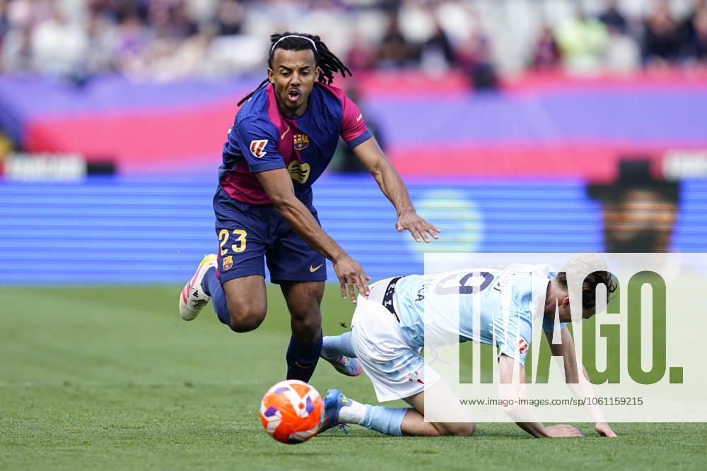 FC Barcelona, Barca - RC Celta. La Liga EA Sports match. Date 32 Jules Kounde of FC Barcelona and Williot Swedberg of RC Celta during the La Liga EA Sports match between FC Barcelona and RC Celta played at Lluis Companys Stadium on 19 April 2025 in Barcelona, Spain. kpng