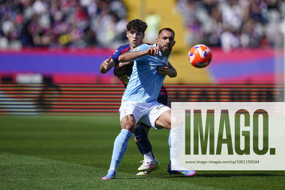 FC Barcelona, Barca - RC Celta. La Liga EA Sports match. Date 32 Borja iglesias of RC Celta and Pau Cubarsi of FC Barcelona during the La Liga EA Sports match between FC Barcelona and RC Celta played at Lluis Companys Stadium on 19 April 2025 in Barcelona, Spain. kpng