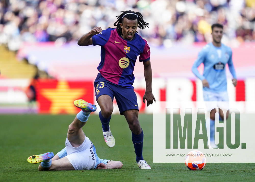FC Barcelona, Barca - RC Celta. La Liga EA Sports match. Date 32 Jules Kounde of FC Barcelona and Williot Swedberg of RC Celta during the La Liga EA Sports match between FC Barcelona and RC Celta played at Lluis Companys Stadium on 19 April 2025 in Barcelona, Spain. kpng