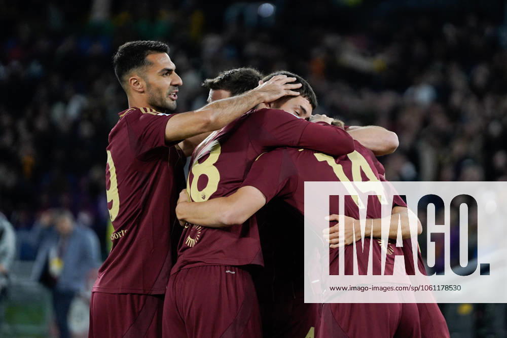 Eldor Shomurodov celebrates after goal during 33th day of the Serie A Italian Championship between A.S. Roma VS Hellas Verona F.C. on 19 April at the Olympic Stadium, Rome, italy