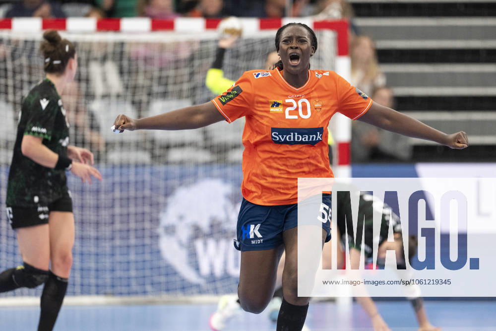 EHF Champions League Odense Handball FTC Rail Cargo Hungaria Lysa Tchaptchet Defo, Odense Handball celebrates in the EHF Champions League quarterfinal between Odense Handball and FTC Rail Cargo Hungaria at Sydbank Arena in Odense on Sunday, April 20, 2025 The match ended 27 27 Photo Frank Cilius Ritzau Scanpix , Aabenraa Denmark Sydbank Arena