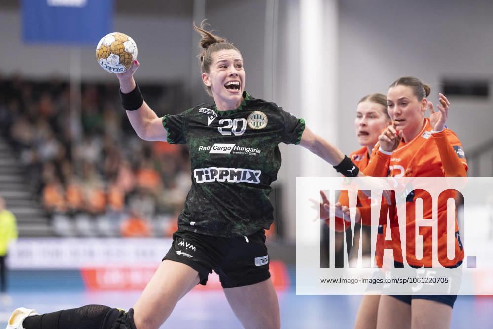 EHF Champions League Odense Handball FTC Rail Cargo Hungaria Emily Bölk, FTC Rail Cargo Hungaria 20 passes by Maren Nyland Aardahl and Mie Hoejjlund, R from Odense Handball in their EHF Champions League quarter final at Sydbank Arena in Odense on Sunday, April 20, 2025 The match ended 27 27 Photo Frank Cilius Ritzau Scanpix , Aabenraa Denmark Sydbank Arena