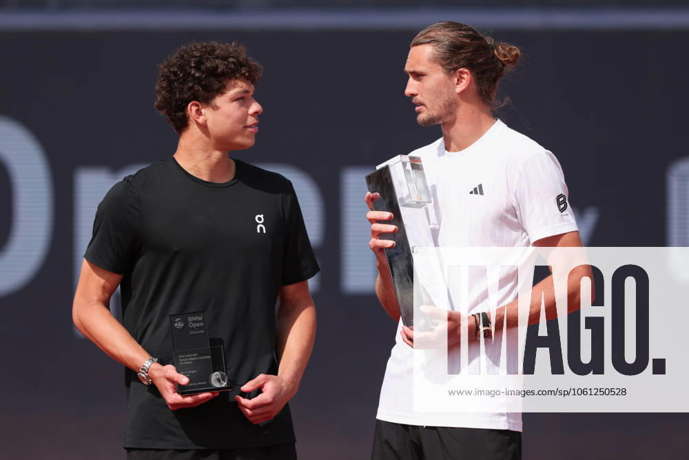 Finalist Ben Shelton and winner Alexander Zverev with cup, trophy, award ceremony, Presentation Tennis BMW Open 2025 ATP 500 MTTC Iphitos Munich Germany April 20, 2025