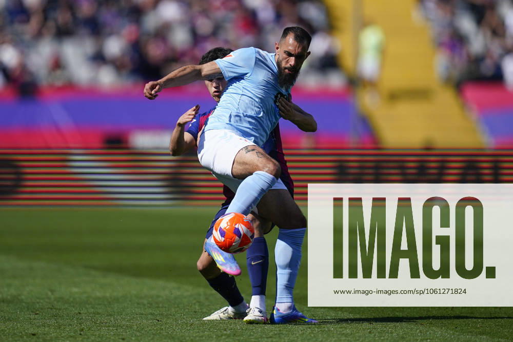 FC Barcelona, Barca - RC Celta. La Liga EA Sports match. Date 32 Pau Cubarsi of FC Barcelona and Borja Iglesias of of RC Celta during the La Liga EA Sports match between FC Barcelona and RC Celta played at Lluis Companys Stadium on 19 April 2025 in Barcelona, Spain. kpng