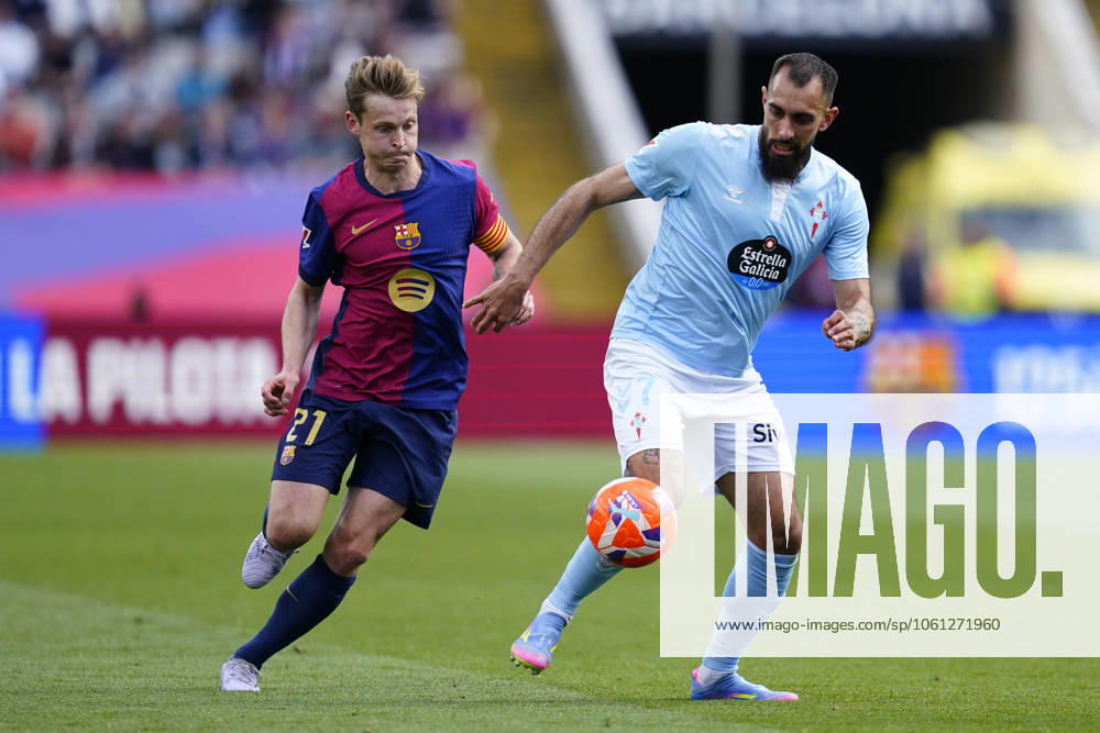 FC Barcelona, Barca - RC Celta. La Liga EA Sports match. Date 32 Frenkie de Jong of FC Barcelona and Borja Iglesias of RC Celta during the La Liga EA Sports match between FC Barcelona and RC Celta played at Lluis Companys Stadium on 19 April 2025 in Barcelona, Spain. kpng
