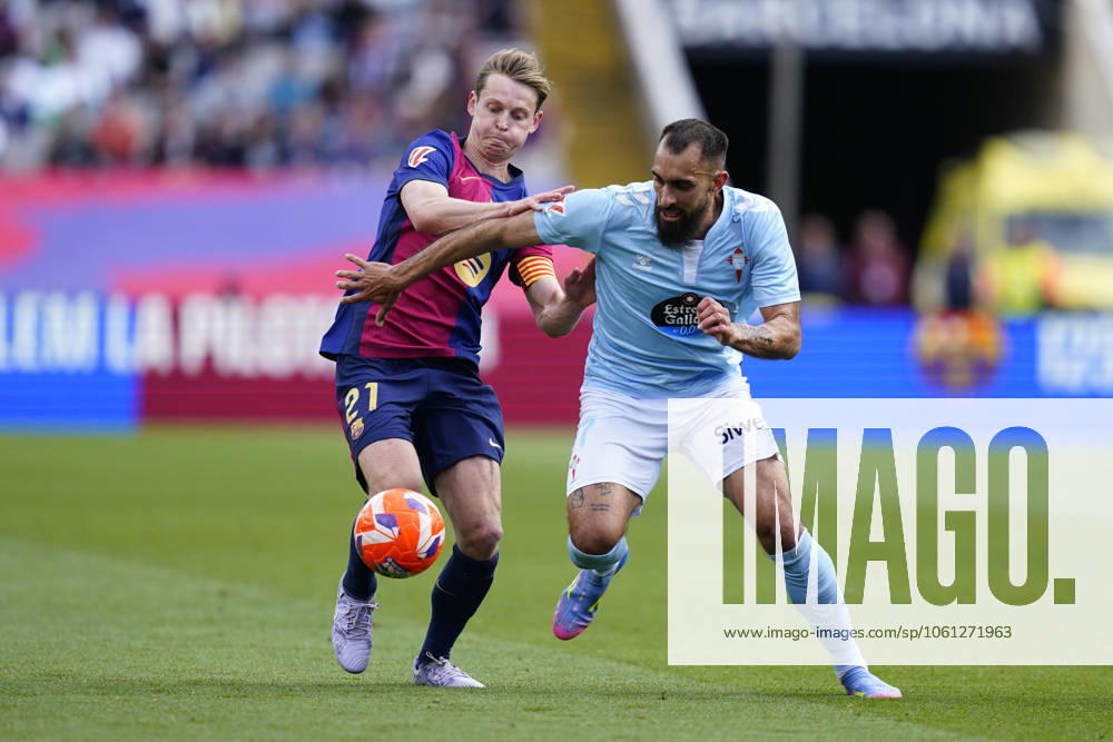 FC Barcelona, Barca - RC Celta. La Liga EA Sports match. Date 32 Frenkie de Jong of FC Barcelona and Borja Iglesias of RC Celta during the La Liga EA Sports match between FC Barcelona and RC Celta played at Lluis Companys Stadium on 19 April 2025 in Barcelona, Spain. kpng