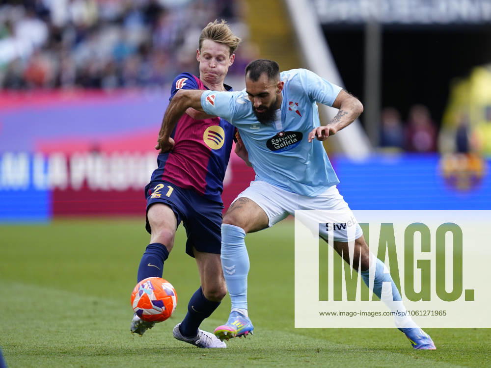 FC Barcelona, Barca - RC Celta. La Liga EA Sports match. Date 32 Frenkie de Jong of FC Barcelona and Borja Iglesias of RC Celta during the La Liga EA Sports match between FC Barcelona and RC Celta played at Lluis Companys Stadium on 19 April 2025 in Barcelona, Spain. kpng