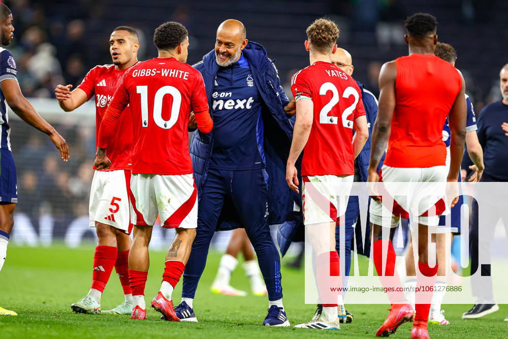 Tottenham Hotspur v Nottingham Forest Premier League 21 04 2025. Nuno Espirito Santo Manager of Nottingham Forest celebrates at full time during the Premier League match between Tottenham Hotspur and Nottingham Forest at Tottenham Hotspur Stadium, London, United Kingdom on 21 April 2025. Editorial use only DataCo restrictions apply See www.football-dataco.com ,