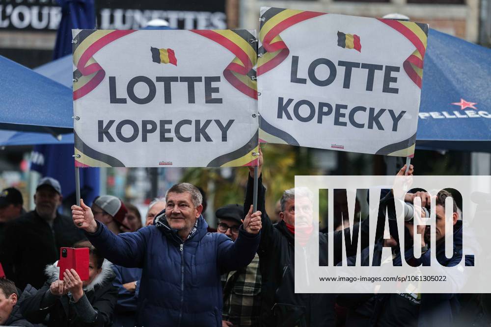 Cycling UCI World Tour Women Elite La Fleche Wallonne Femmes on 23 04 2025 in Huy Fans hold signs with the inscription Lotte Kopecky