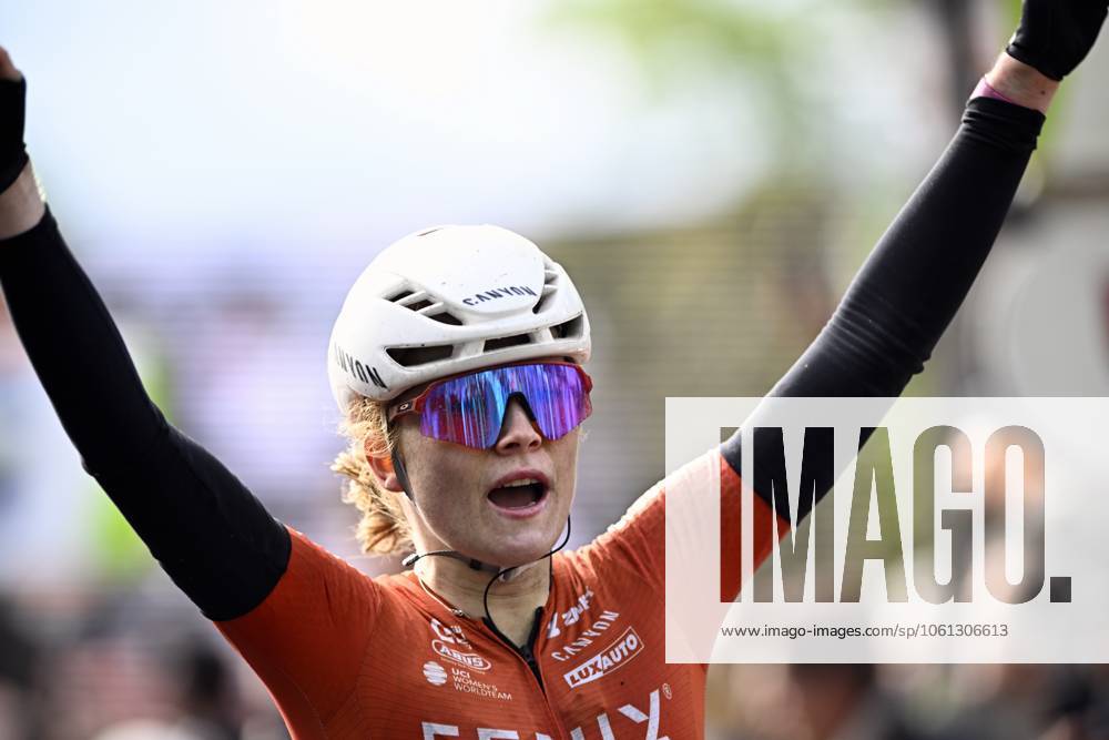 Dutch Puck Pieterse of Fenix-Deceuninck celebrates after winning the women s race of the La Fleche Wallonne , one day cycling race (Waalse Pijl - Walloon Arrow), 140,7 km from Ciney to Huy, Wednesday 23 April 2025. JASPERxJACOBS x121659749x