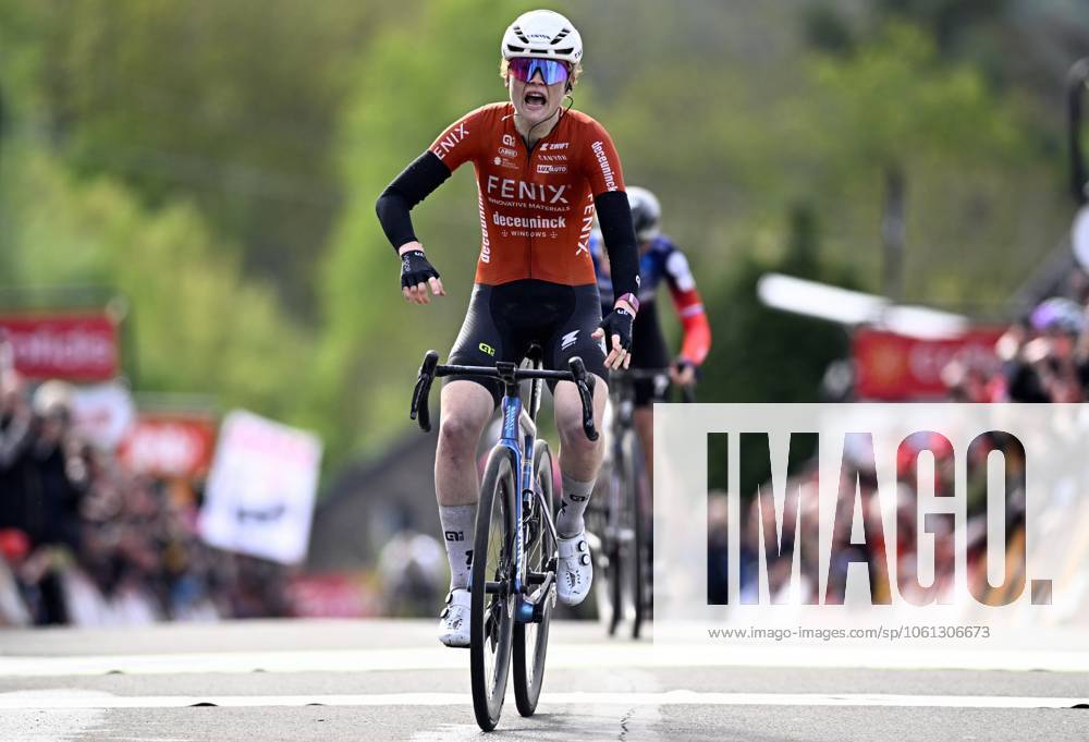 Dutch Puck Pieterse of Fenix-Deceuninck celebrates after winning the women s race of the La Fleche Wallonne , one day cycling race (Waalse Pijl - Walloon Arrow), 140,7 km from Ciney to Huy, Wednesday 23 April 2025. JASPERxJACOBS x121660771x