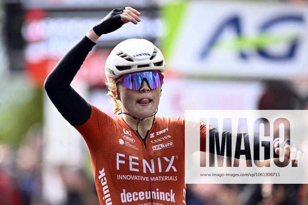 Dutch Puck Pieterse of Fenix-Deceuninck celebrates after winning the women s race of the La Fleche Wallonne , one day cycling race (Waalse Pijl - Walloon Arrow), 140,7 km from Ciney to Huy, Wednesday 23 April 2025. JASPERxJACOBS x121661940x
