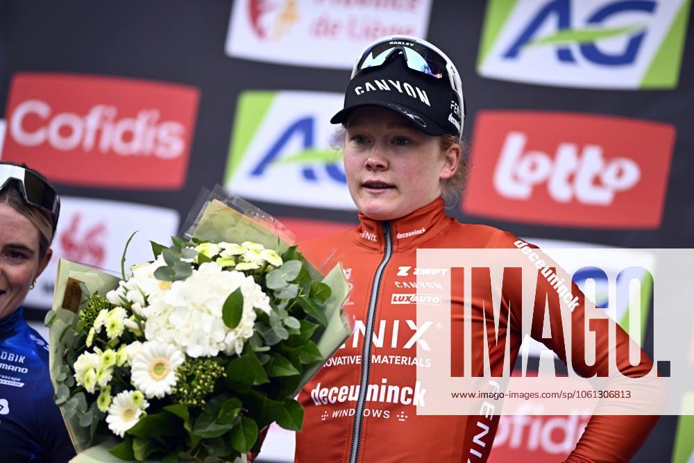 Dutch Puck Pieterse of Fenix-Deceuninck celebrates on the podium after winning the women s race of the La Fleche Wallonne , one day cycling race (Waalse Pijl - Walloon Arrow), 140,7 km from Ciney to Huy, Wednesday 23 April 2025. JASPERxJACOBS x121662905x