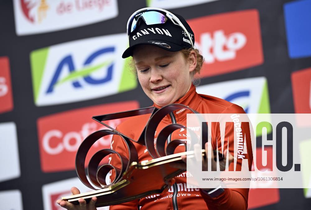 Dutch Puck Pieterse of Fenix-Deceuninck celebrates on the podium after winning the women s race of the La Fleche Wallonne , one day cycling race (Waalse Pijl - Walloon Arrow), 140,7 km from Ciney to Huy, Wednesday 23 April 2025. JASPERxJACOBS x121662930x