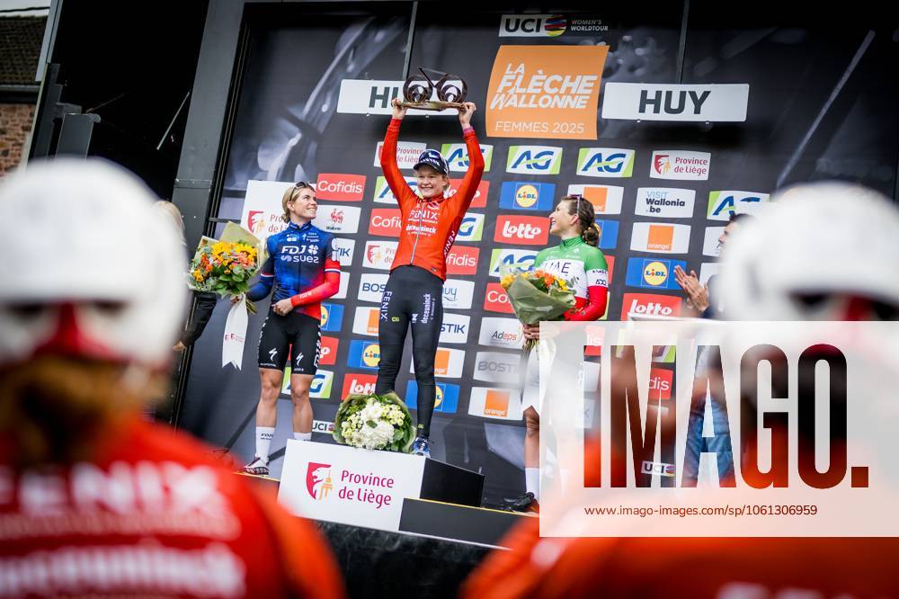 Dutch Puck Pieterse of Fenix-Deceuninck celebrates on the podium after winning the women s race of the La Fleche Wallonne , one day cycling race (Waalse Pijl - Walloon Arrow), 140,7 km from Ciney to Huy, Wednesday 23 April 2025. JASPERxJACOBS x121664287x