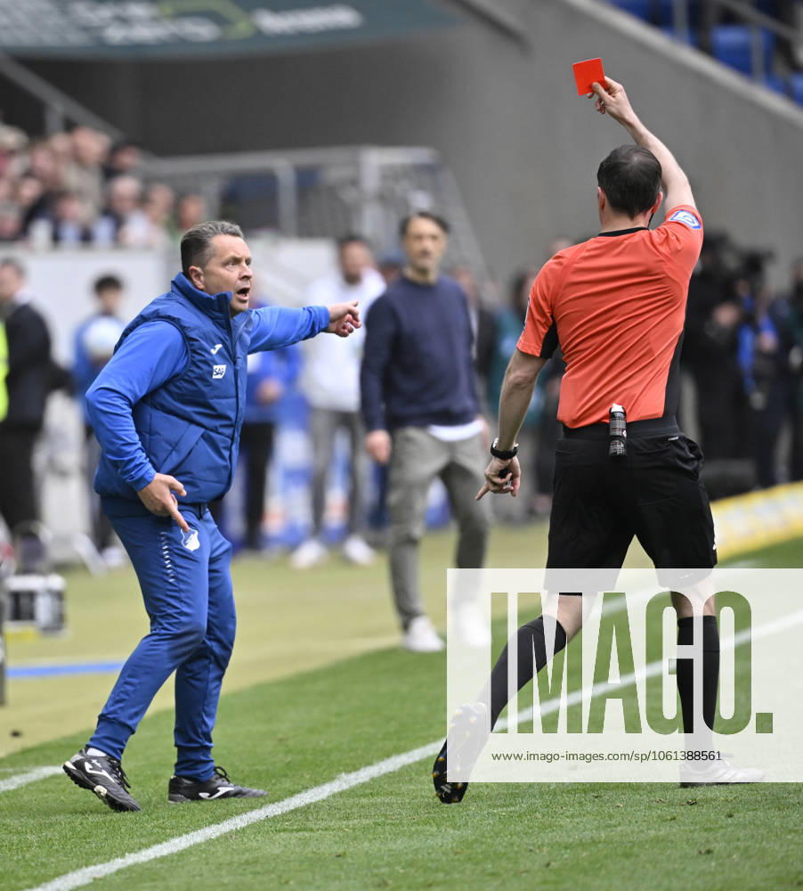 Referee Referee Benjamin Brand shows TSG Hoffenheim caretaker red card red sending off for kicking perimeter advertising onto the pitch TSG 1899 Hoffenheim vs Borussia Dortmund BVB 26 04 2025 DFL REGULATIONS PROHIBIT ANY USE OF PHOTOGRAPHS AS IMAGE SEQUENCES AND OR QUASI VIDEO TSG 1899 Hoffenheim vs Borussia Dortmund BVB