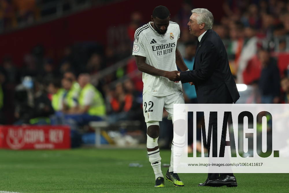 FC Barcelona, Barca Real Madrid CF. Copa del Rey. Final. Antonio Rudiger with Real Madrid head coach Carlo Ancelotti during the Copa del Rey match, Final, between FC Barcelona and Real Madrid CF played at La Cartuja Stadium on April 26, 2025 in Sevilla, Spain. kpng