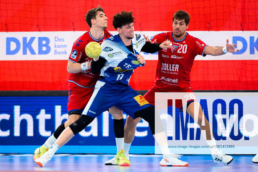 Bietigheim HBL 24 25 SG BBM Bietigheim THSV Eisenach from left in duel Nikola Vlahovic Bietigheim , Marko Grgic Eisenach , Paco Barthe Bietigheim Bietigheim Bissingen Egetrans Arena Baden Württemberg Germany