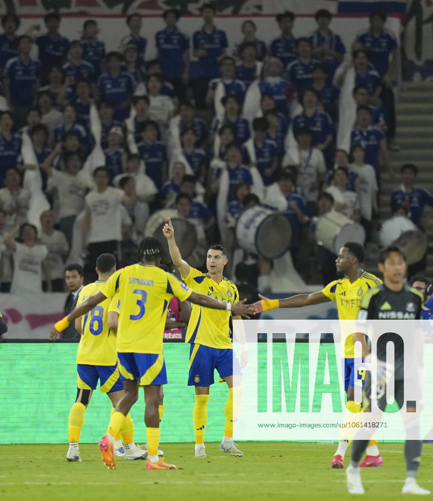 Football: AFC Champions League Elite Cristiano Ronaldo (C) of Saudi Arabian football club Al Nassr reacts after scoring the team s third goal in the first half of an AFC Champions League Elite quarterfinal match against Japan s Yokohama F Marinos in Jeddah, Saudi Arabia, on April 26, 2025. A14AA0004497099P