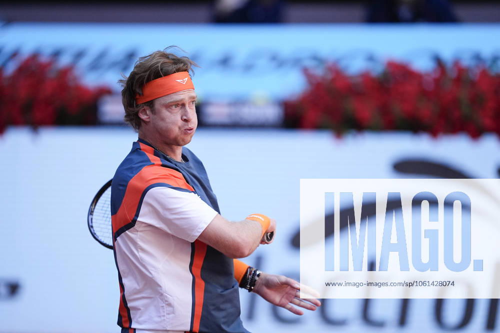 Andrey Rublev of Russia in action against Aleksander Bublik of Kazakhstan during the Mutua Madrid Open 2025, ATP, Tennis Herren Masters 1000 and WTA, Tennis Damen 1000 tennis tournament, celebrated at Caja Magica on April 27, 2025 in Madrid, Spain. Madrid Spain - ZUMAa181 20250427_zaa_a181_083