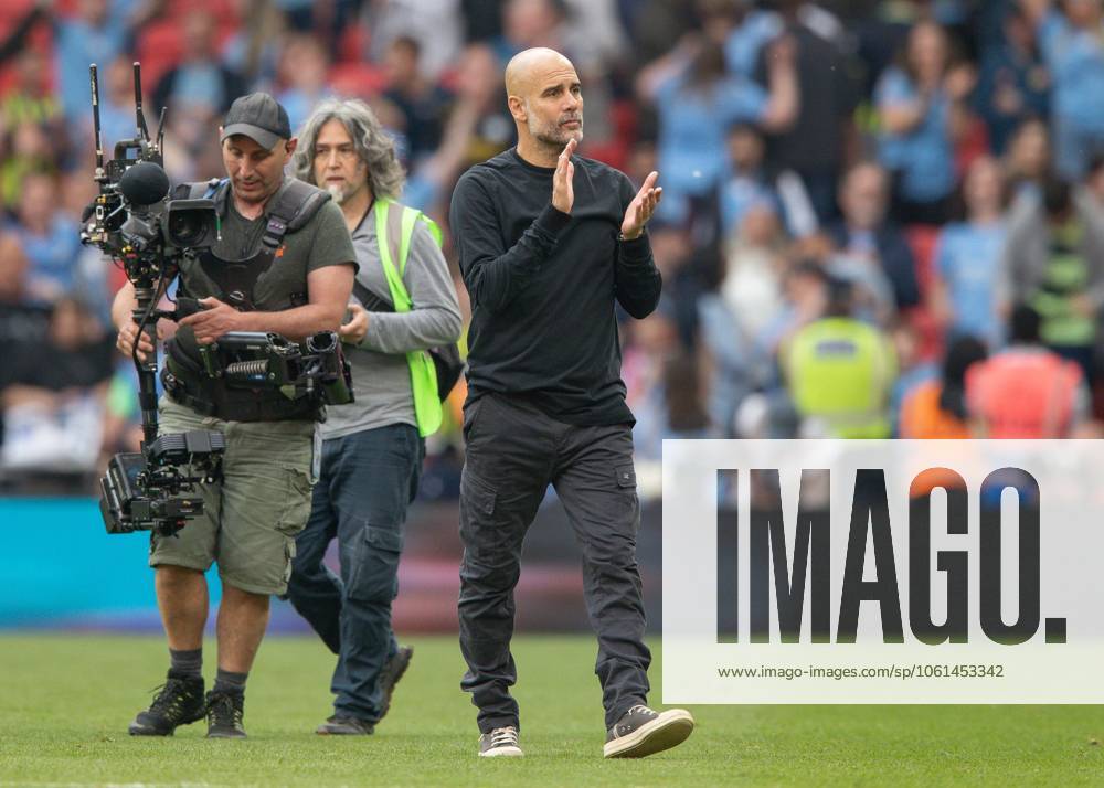 Nottingham Forest v Manchester City, Emirates FA Cup, Semi Final, Football, Wembley Stadium, London, UK - 27 Apr 2025 Manchester City Manager Pep Guardiola applauds fans at full time Wembley Wembley Stadium London GBR, UK NEWSPAPERS OUT