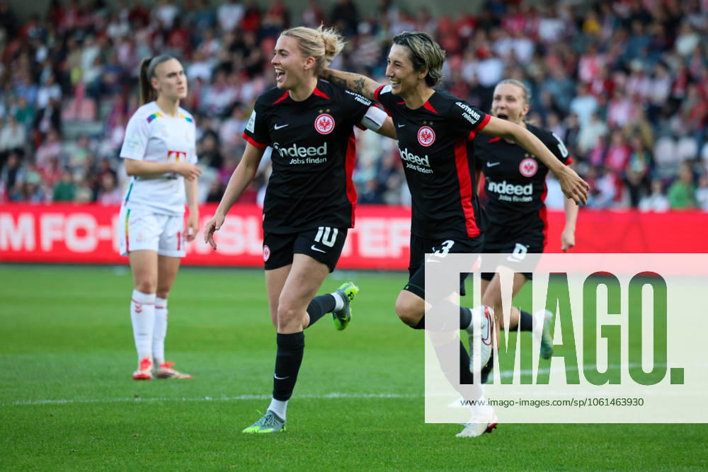 Cologne, Germany 27 April 2025 1 BL Women 2024 2025 1 FC Köln vs Eintracht Frankfurt In the picture from left goal scorer Laura Freigang Eintracht Frankfurt scores the goal for 3 0 for Eintracht Frankfurt and cheers with Sara Doorsoun Eintracht Frankfurt DFB regulations prohibit any use of photographs as image sequences and or quasi video Rhein Energie Stadion Nordrhein Westfalen