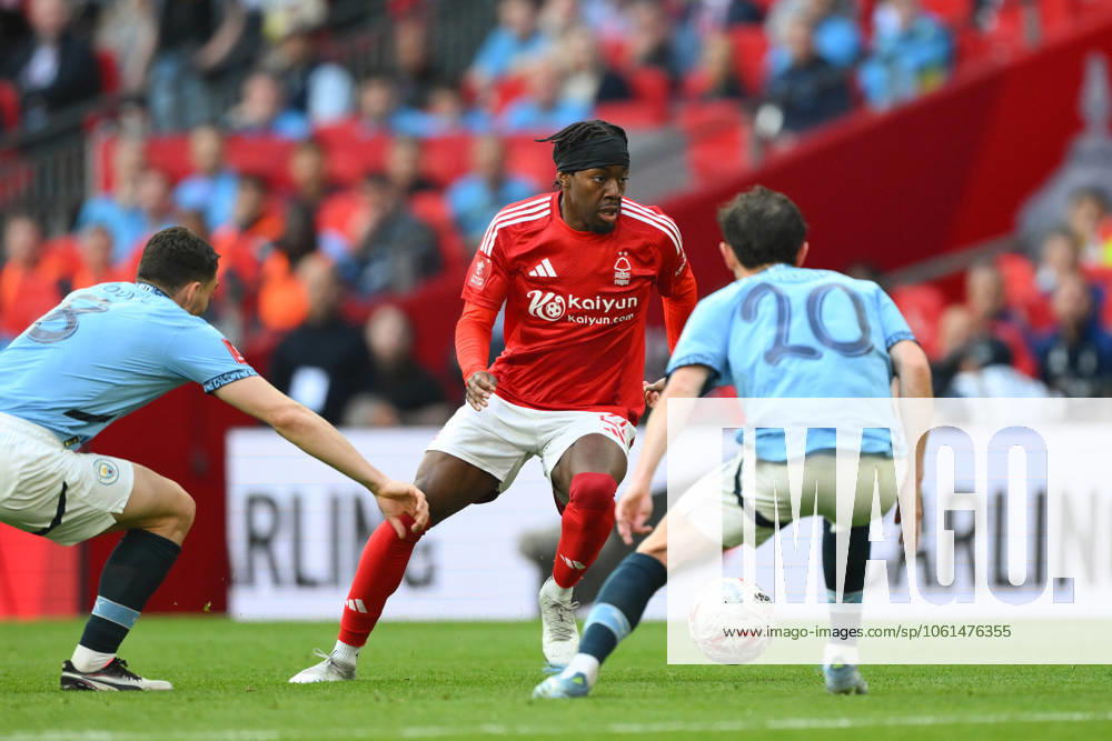 Nottingham Forest v Manchester City - Emirates FA Cup Semi Final Anthony Elanga of Nottingham Forest is under pressure from Mateo Kovacic and Bernardo Silva of Manchester City during the Emirates FA Cup Semi Final match between Manchester City and Nottingham Forest at Wembley Stadium in London, England, on April 27, 2025. London Greater London United Kingdom
