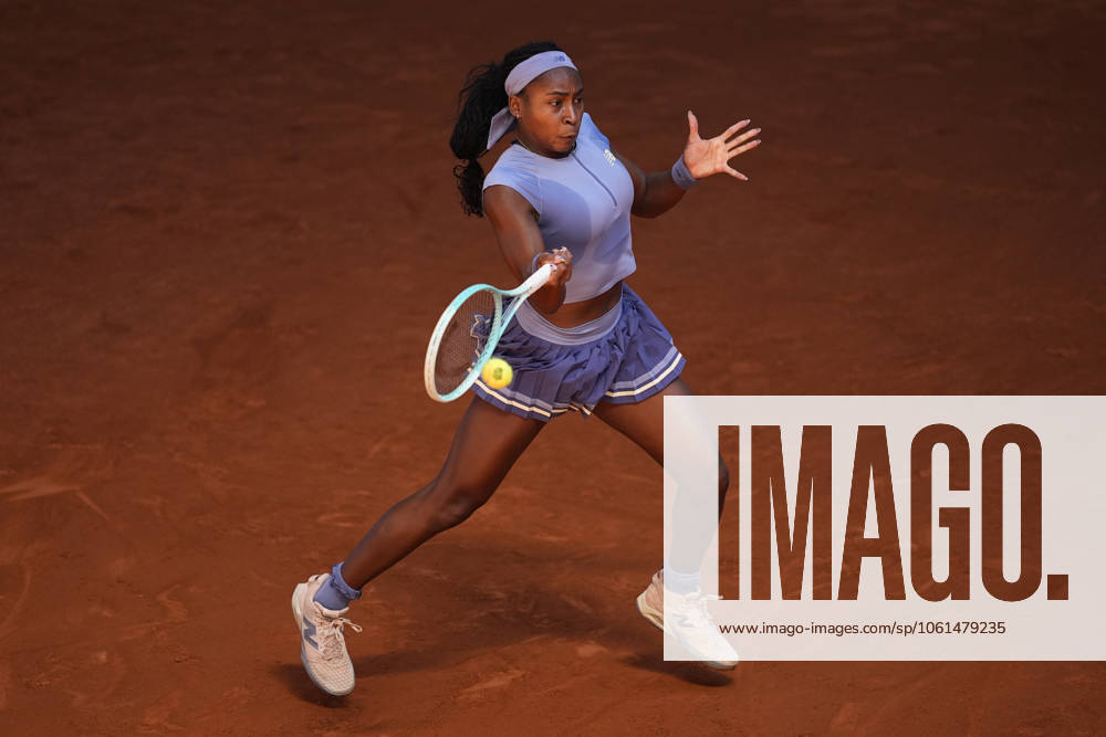 COCO GAUFF of the USA in action against B. Bencic of Switzerland during the Mutua Madrid Open 2025 tennis tournament, celebrated at Caja Magica in Madrid, Spain. Gauff won 6:4, 6:2. Madrid Spain - ZUMAa181 20250428_zaa_a181_040