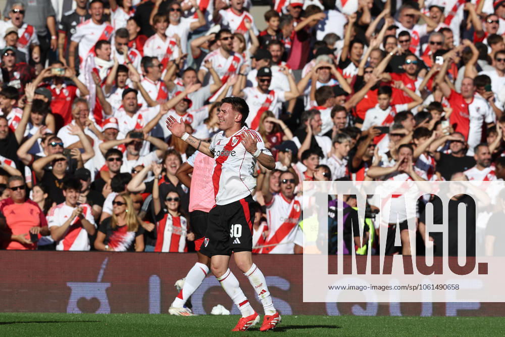 River Plate s midfielder Franco Mastantuono C celebrates after scoring the teams first goal against Boca Juniors during the 2025 Apertura Tournament of the Argentine Professional Football League match, at El Monumental stadium in Buenos Aires, on April 27, 2025 BUENOS AIRES ARGENTINA.
