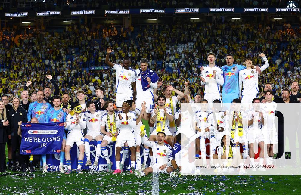 KW18 Leeds United players and staff celebrate at the end of the match Leeds United v Bristol City, EFL Sky Bet Championship, Football, Elland Road, Leeds, UK - 28 Apr 2025