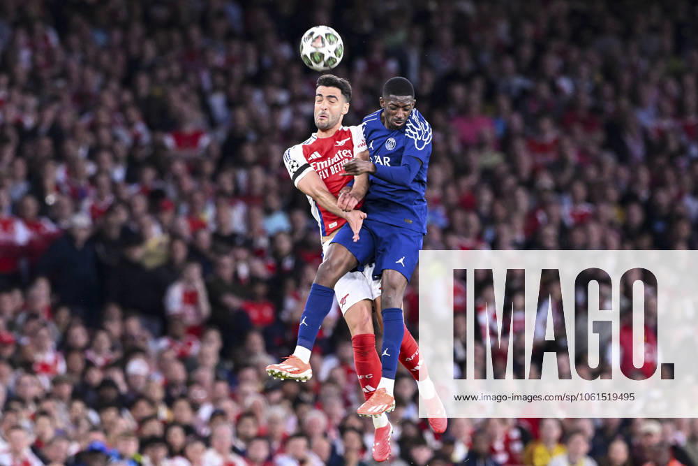 Bilder des Jahres 2025, Sport 04 April Arsenal FC v Paris Saint-Germain - UEFA Champions League 2024 25 Semi-Finals First Leg LONDON, ENGLAND - APRIL 29: Mikel Merino of Arsenal FC (L) and Ousmane Dembélé of Paris Saint Germain (R) fight for heading the ball during the UEFA Champions League 2024 25 Semi Final First Leg match between Arsenal FC and Paris Saint-Germain at Arsenal Stadium on April 29, 2025 in London, England. (Photo by Richard Callis Sports Press Photo) LondonUnited Kingdom
