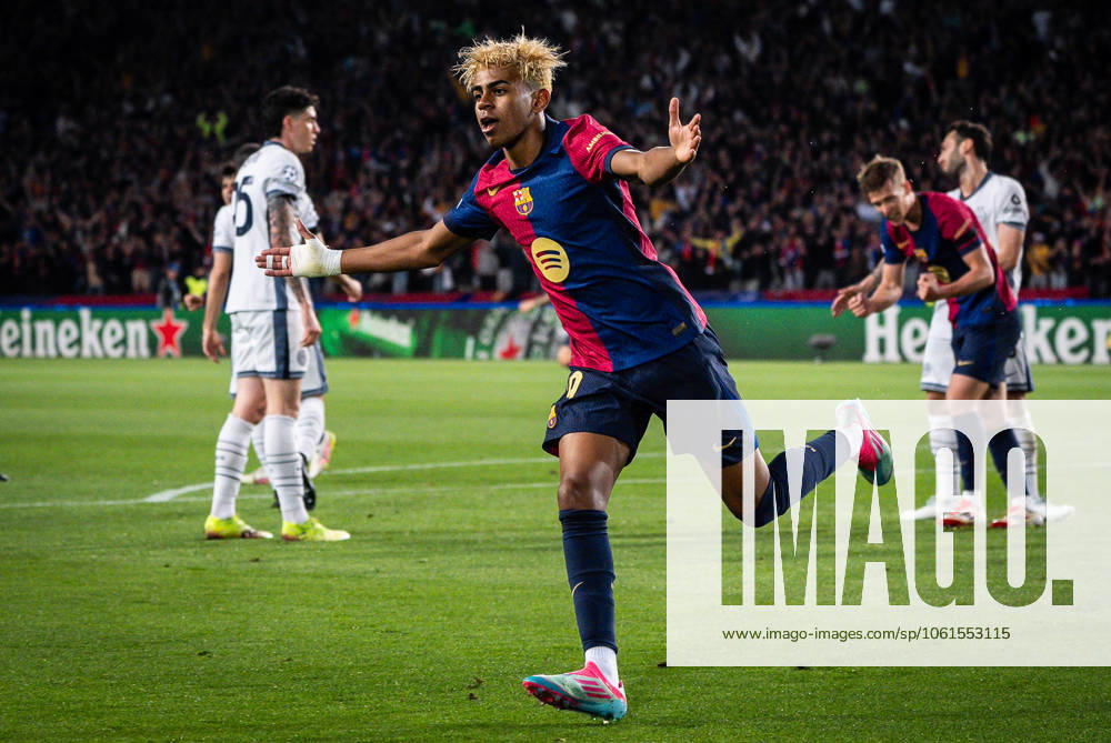 Lamine YAMAL of Barcelona celebrates his goal during the UEFA Champions League match between FC Barcelona, Barca and FC Internazionale at Estadi Olimpic Lluis Companys on April 30, 2025 in Barcelona, Spain. Barcelona Spain - ZUMAm308 20250430_zsp_m308_005