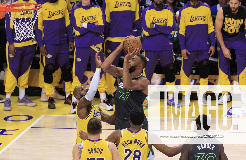 Rudy Gobert 27 of the Minnesota Timberwolves puts a shot over LeBron James 23 of the Los Angeles Lakers during Round One Game Five of the 2025 NBA, Basketball Herren, USA Playoffs on Wednesday May 30, 2025 at Crypto.com Arena in Los Angeles, California. Lakers lose to Timberwolves, 96-103. JAVIER ROJAS PI Los Angeles USA - ZUMAp124 20250430_zaa_p124_054